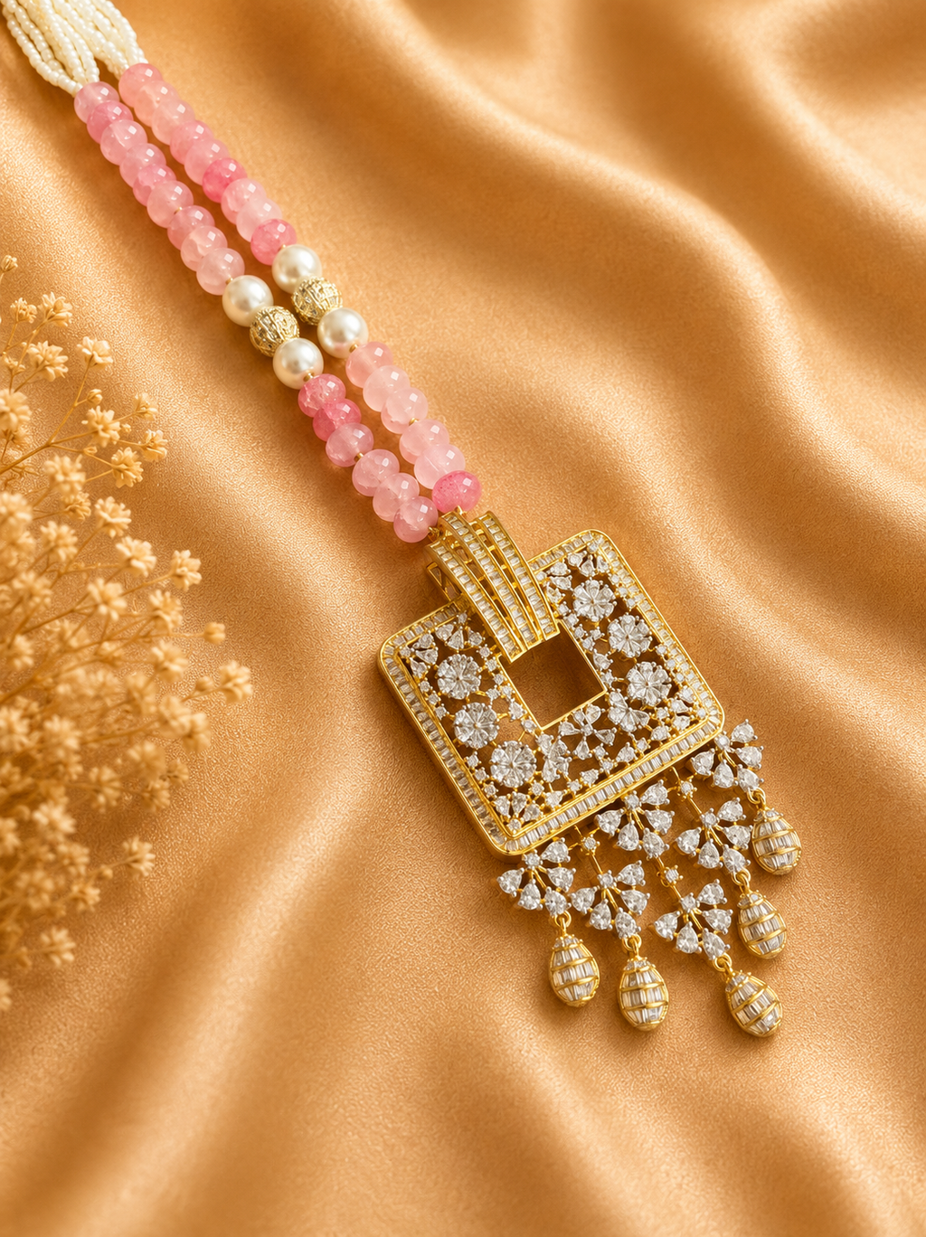 Pink Beaded American Diamond Pendant Necklace Set with Matching Earrings | Geometric Designer Jewellery