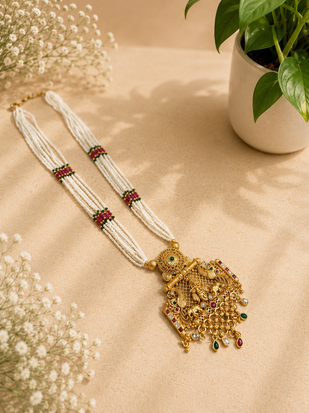 Temple Lakshmi Pearl Pendant Necklace | Antique Gold Beaded Temple Jewellery | Anti Tarnish