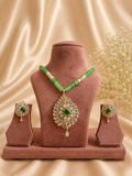 Green Beaded American Diamond Pendant Necklace Set with Earrings | Emerald Statement Jewellery