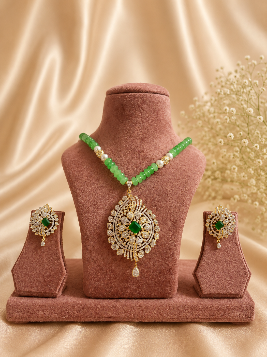 Green Beaded American Diamond Pendant Necklace Set with Earrings | Emerald Statement Jewellery