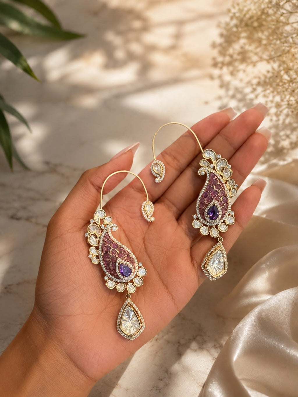 Purple Paisley Ear Cuff Earrings | Statement Crystal Drop Earrings | Anti Tarnish