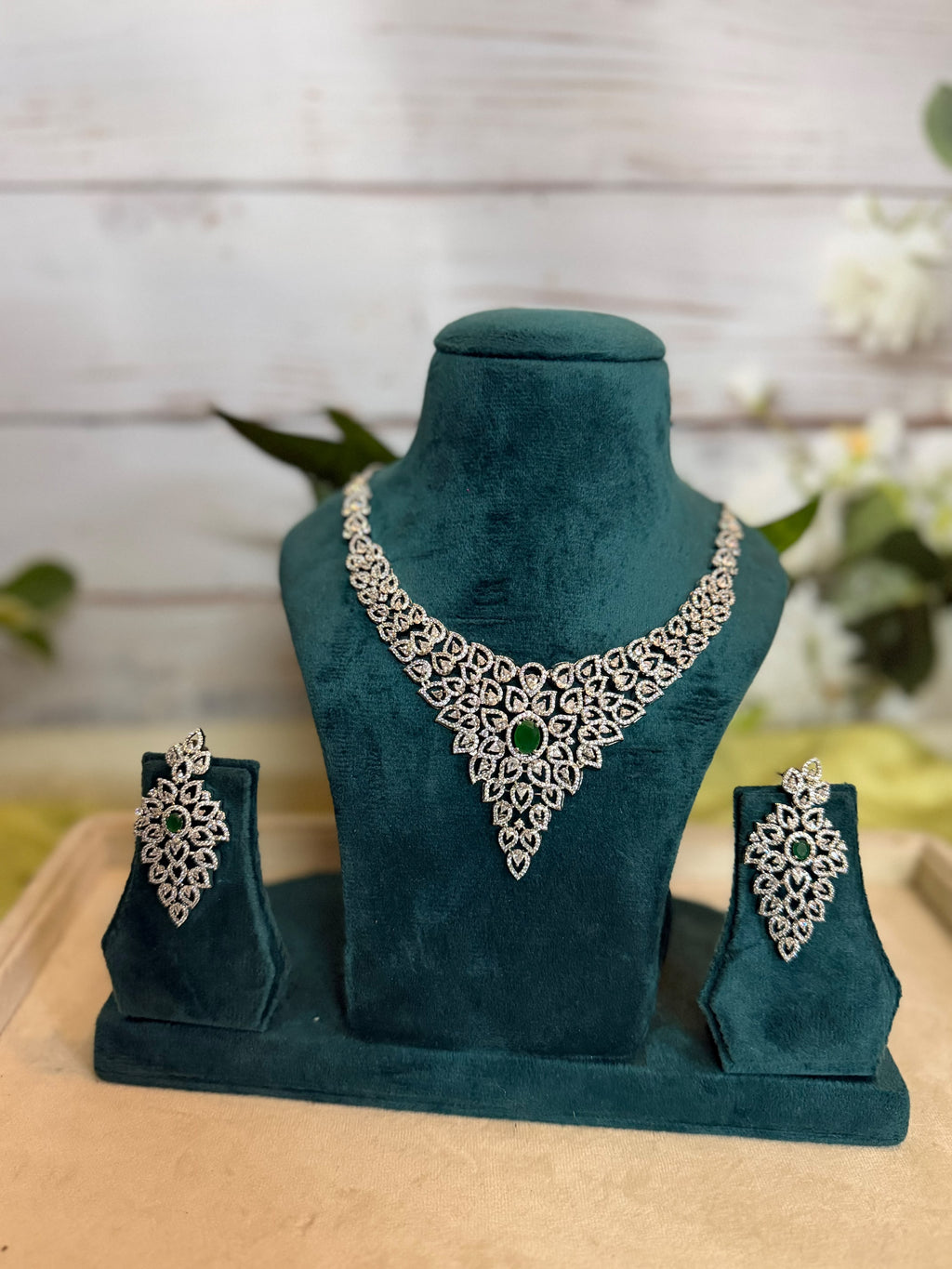 Green Diamond Look Necklace Set with Matching Earrings