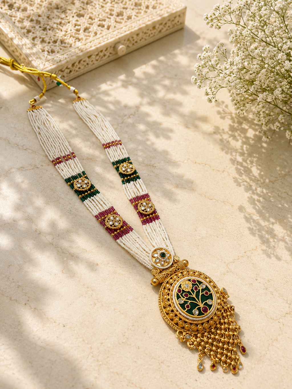 Antique Meenakari Pendant Necklace Set | White Magenta Beaded Heritage Jewellery | Anti Tarnish