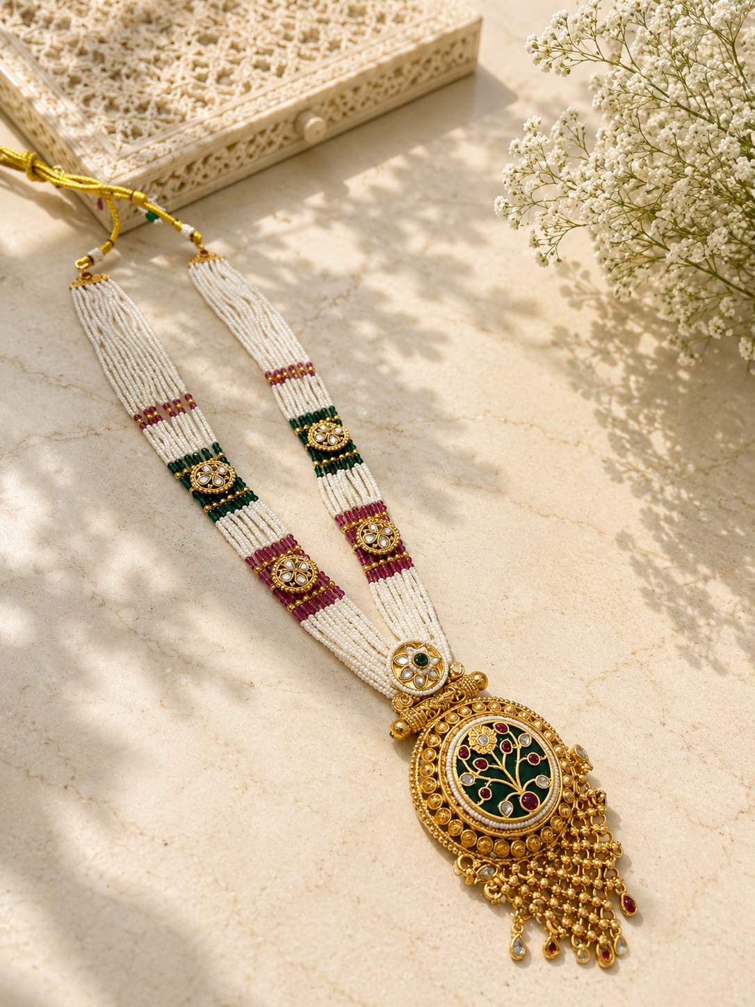 Antique Meenakari Pendant Necklace Set | White Magenta Beaded Heritage Jewellery | Anti Tarnish