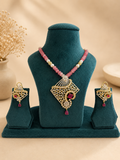 Pink Beaded American Diamond Pendant Necklace Set with Earrings | Designer Statement Jewellery