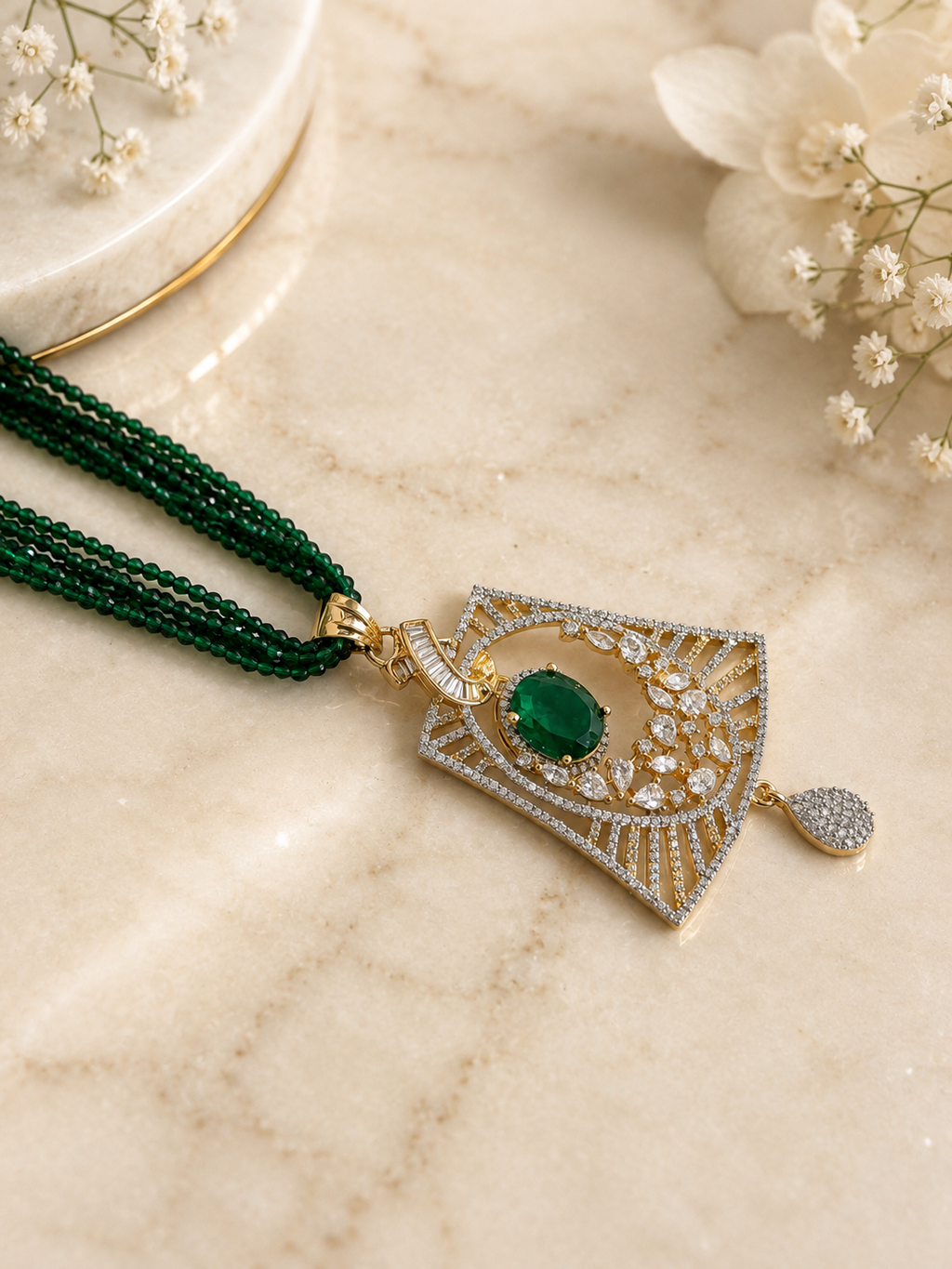 Emerald Royale Beaded Pendant Set | Green Stone Diamond Look Necklace Set