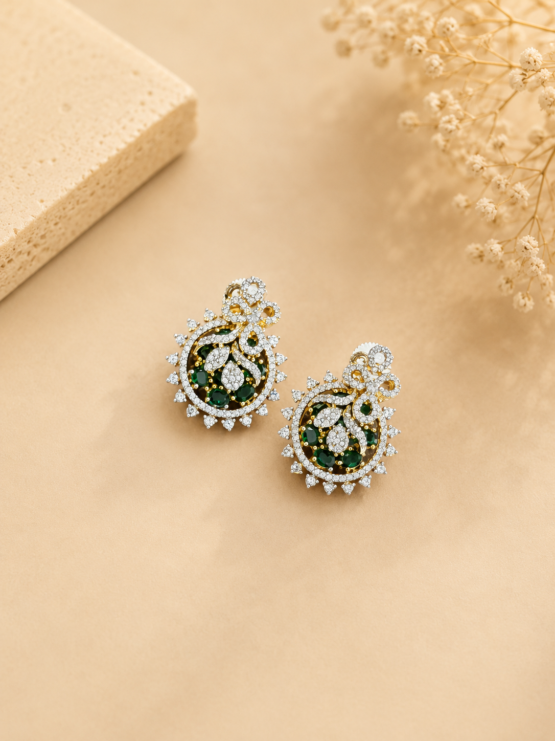 Green Stone Floral Pendant Necklace Set for Women | Elegant Party Wear Jewellery