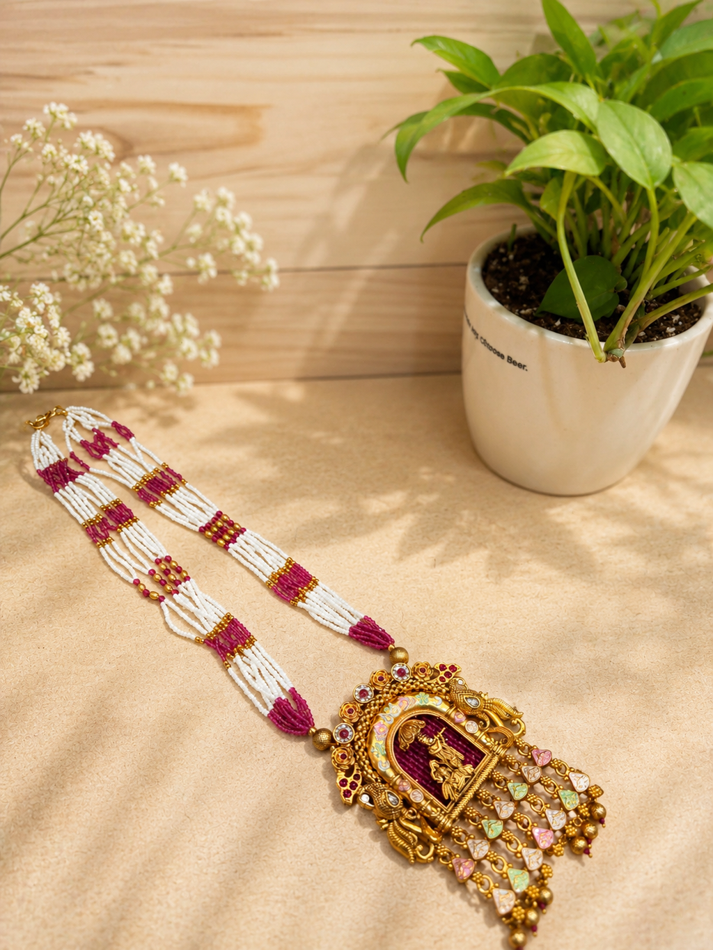 Temple Radha Krishna Pearl Pendant Necklace | Antique Gold Long Temple Necklace | Anti Tarnish