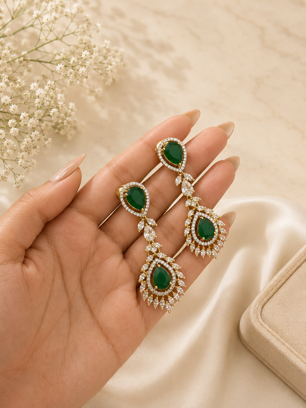 Emerald Dewdrop Diamond Look Necklace Set | Green Stone American Diamond Jewellery