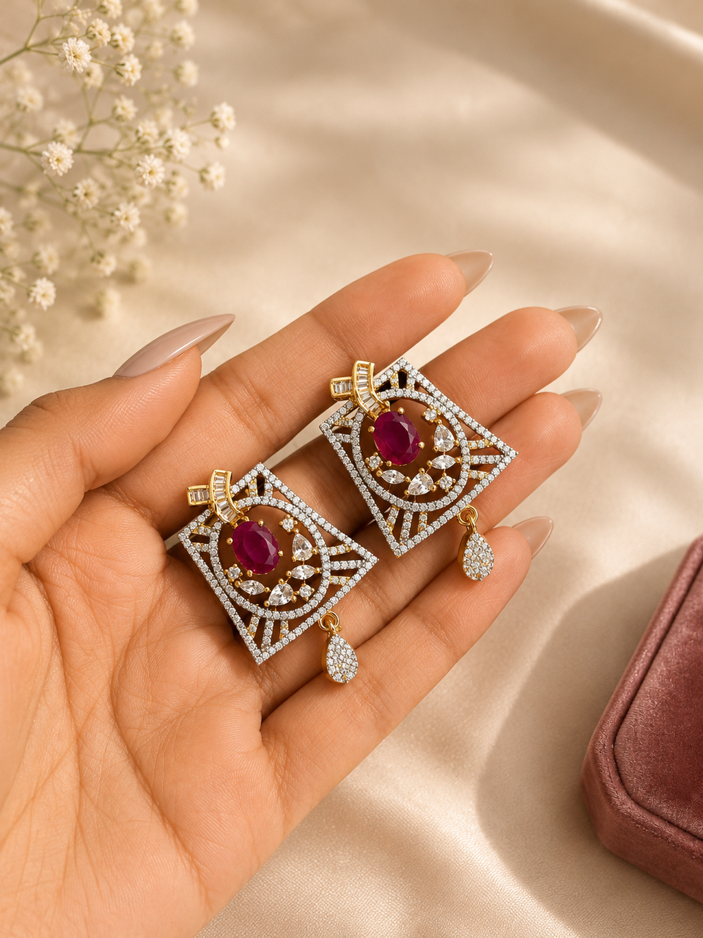 Ruby Royale Beaded Pendant Set | Pink Stone Diamond Look Necklace Set