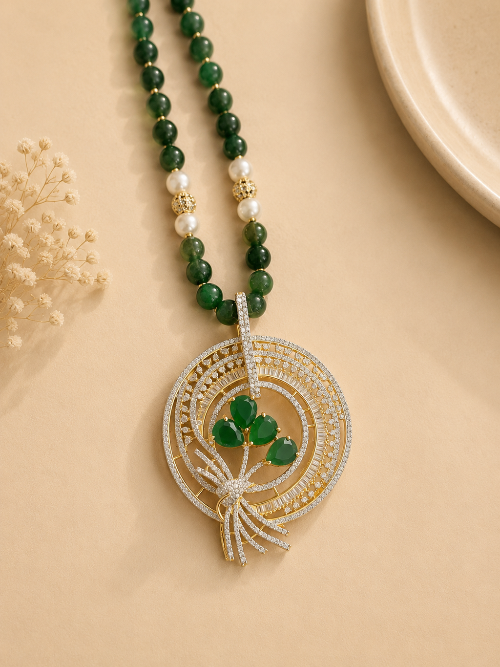 Emerald Green Beaded Pendant Necklace Set with Earrings | Contemporary American Diamond Jewellery