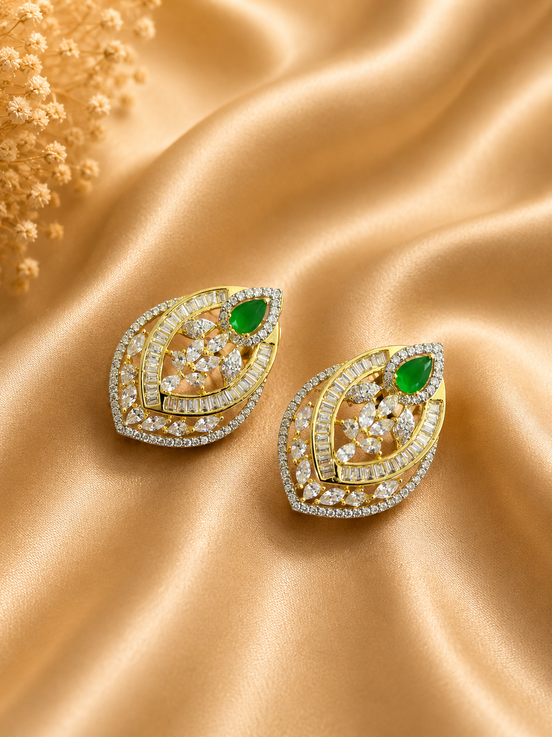 Green Beaded American Diamond Pendant Necklace Set with Matching Earrings | Leaf Motif Designer Jewellery