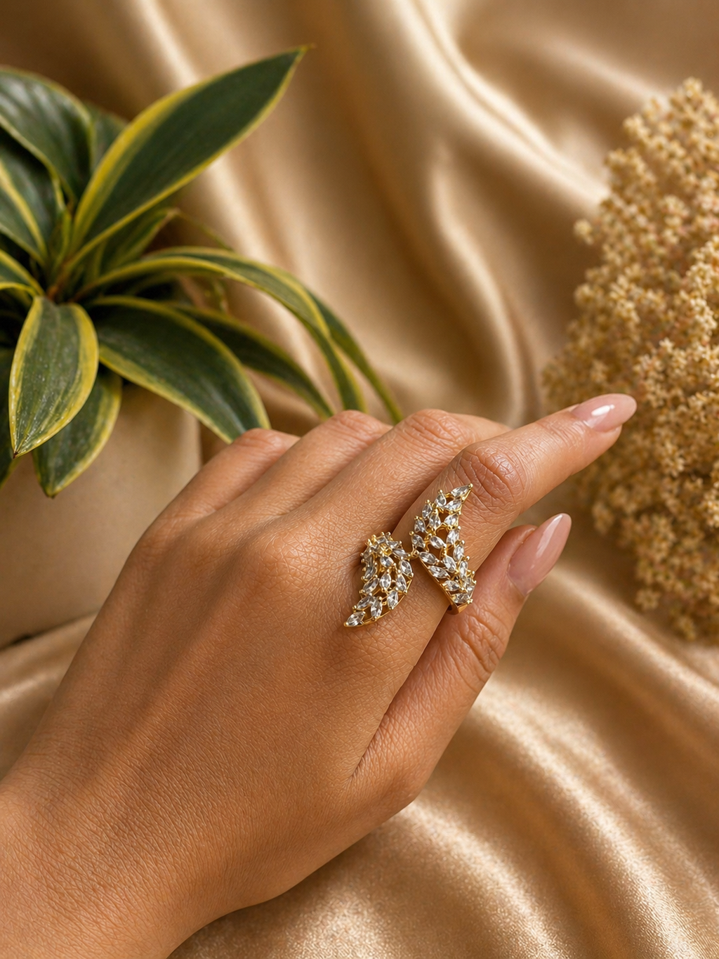 Dual Leaf Crystal Statement Ring (Adjustable Open Design)