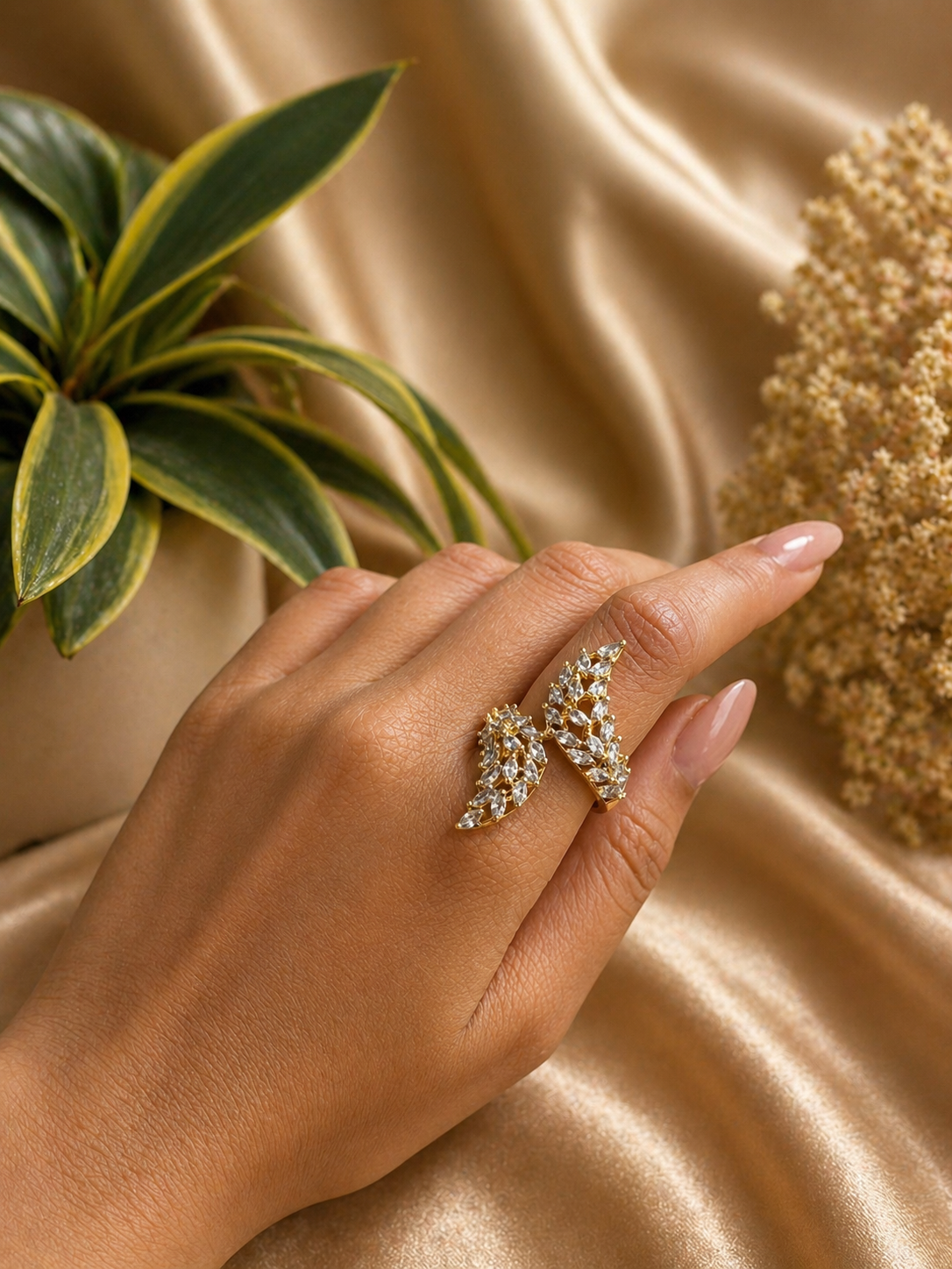 Dual Leaf Crystal Statement Ring (Adjustable Open Design)