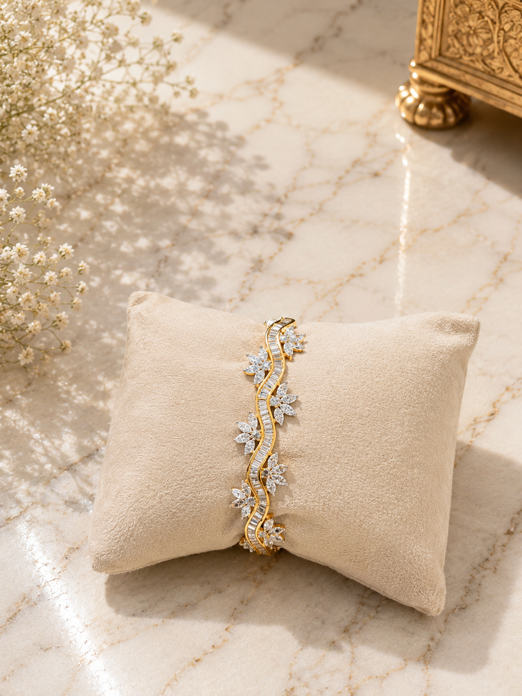 Diamond Look Floral Gold Finish Bracelet | Premium Anti Tarnish Bracelet for Women