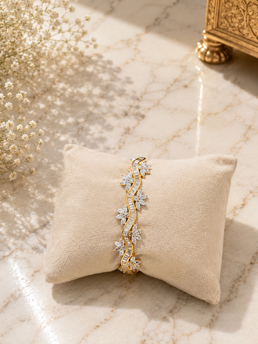 Diamond Look Floral Gold Finish Bracelet | Premium Anti Tarnish Bracelet for Women