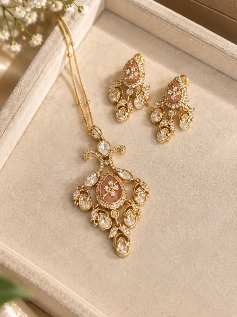 Diamond Look Pendant Necklace Set with Matching Earrings