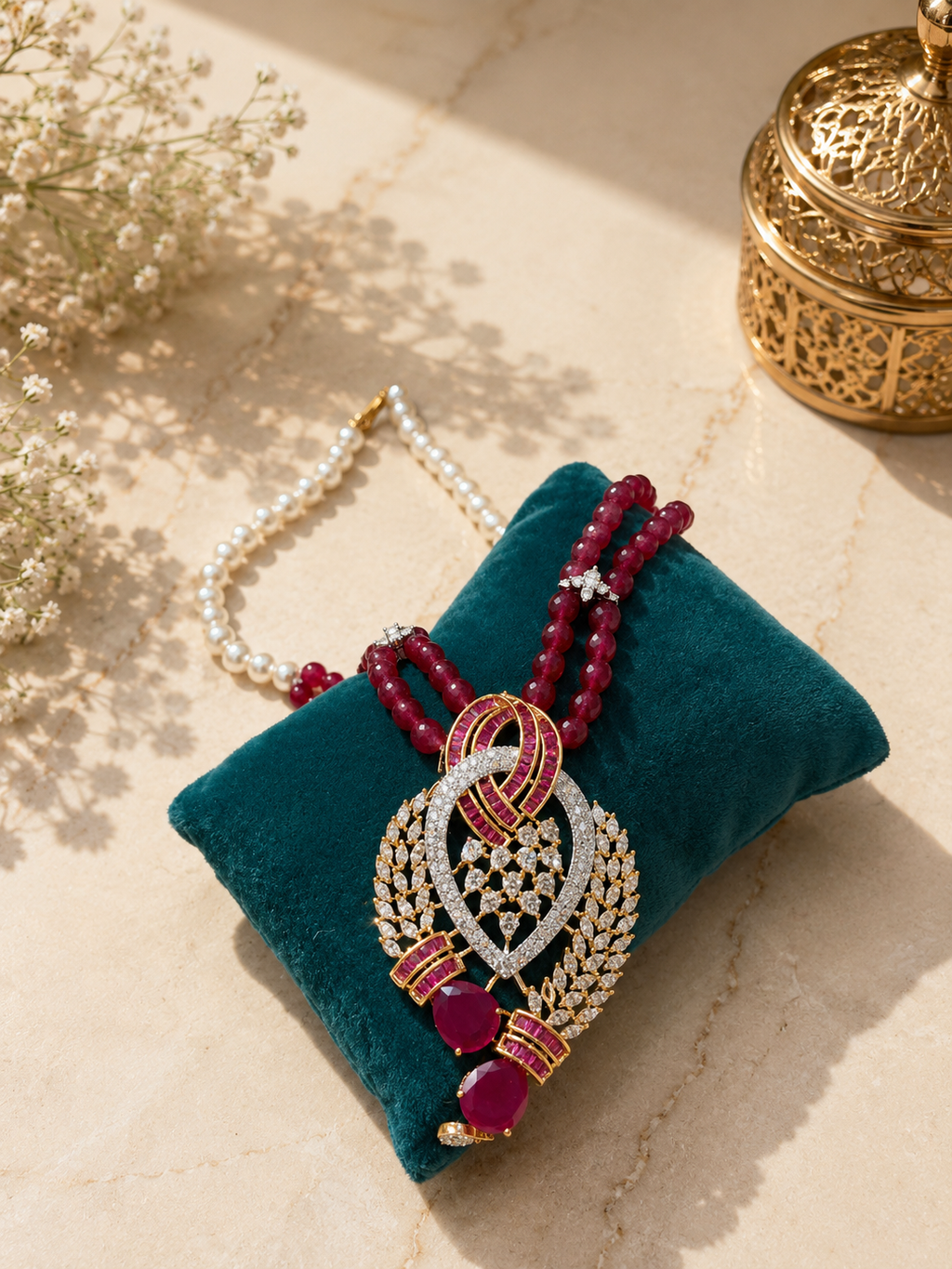 Ruby Beaded Diamond Pendant Necklace Set | Pearl & Ruby Premium Anti Tarnish Jewellery