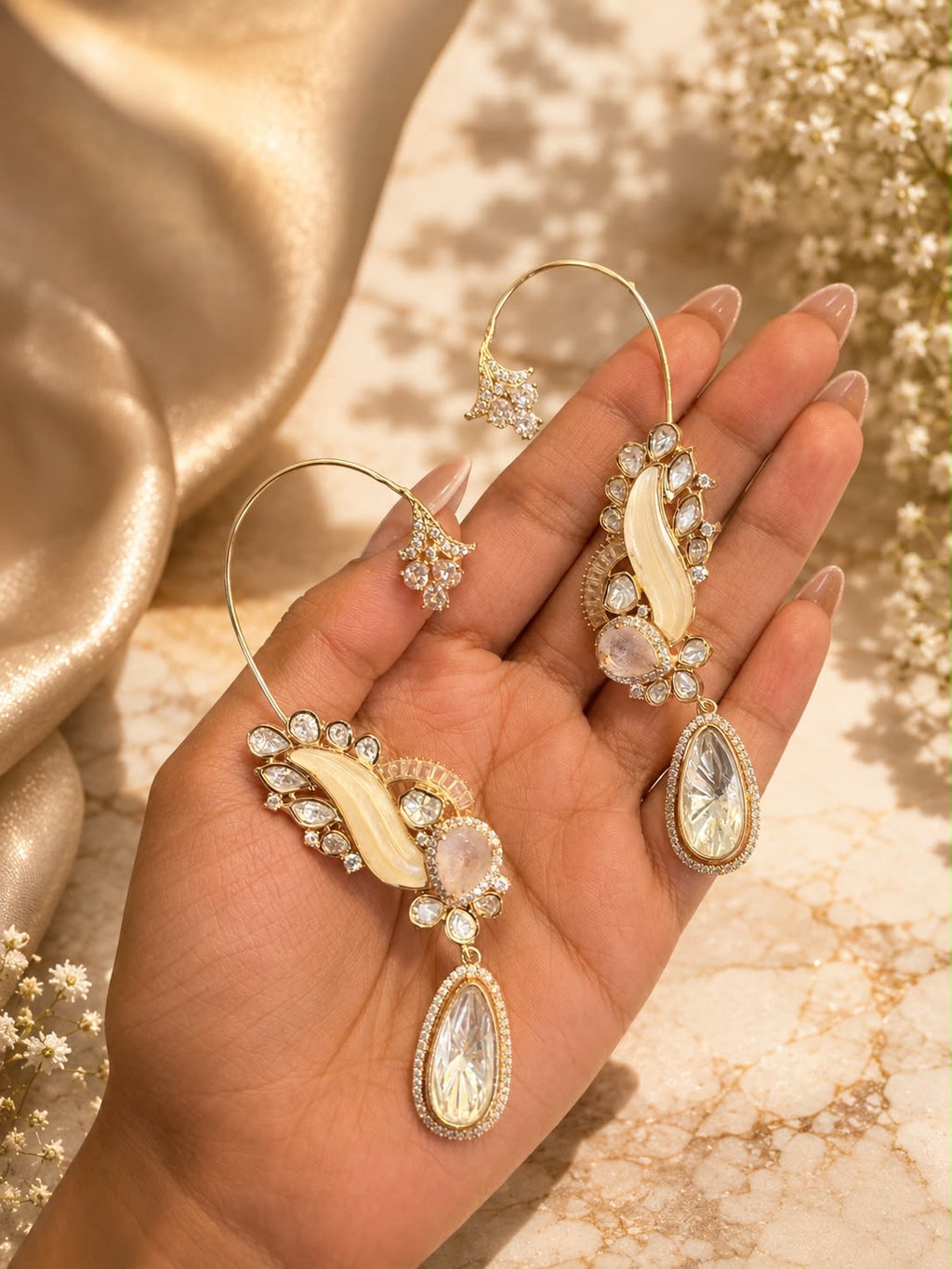 Pearl Crystal Ear Cuff Earrings | Statement Drop Ear Climber | Anti Tarnish