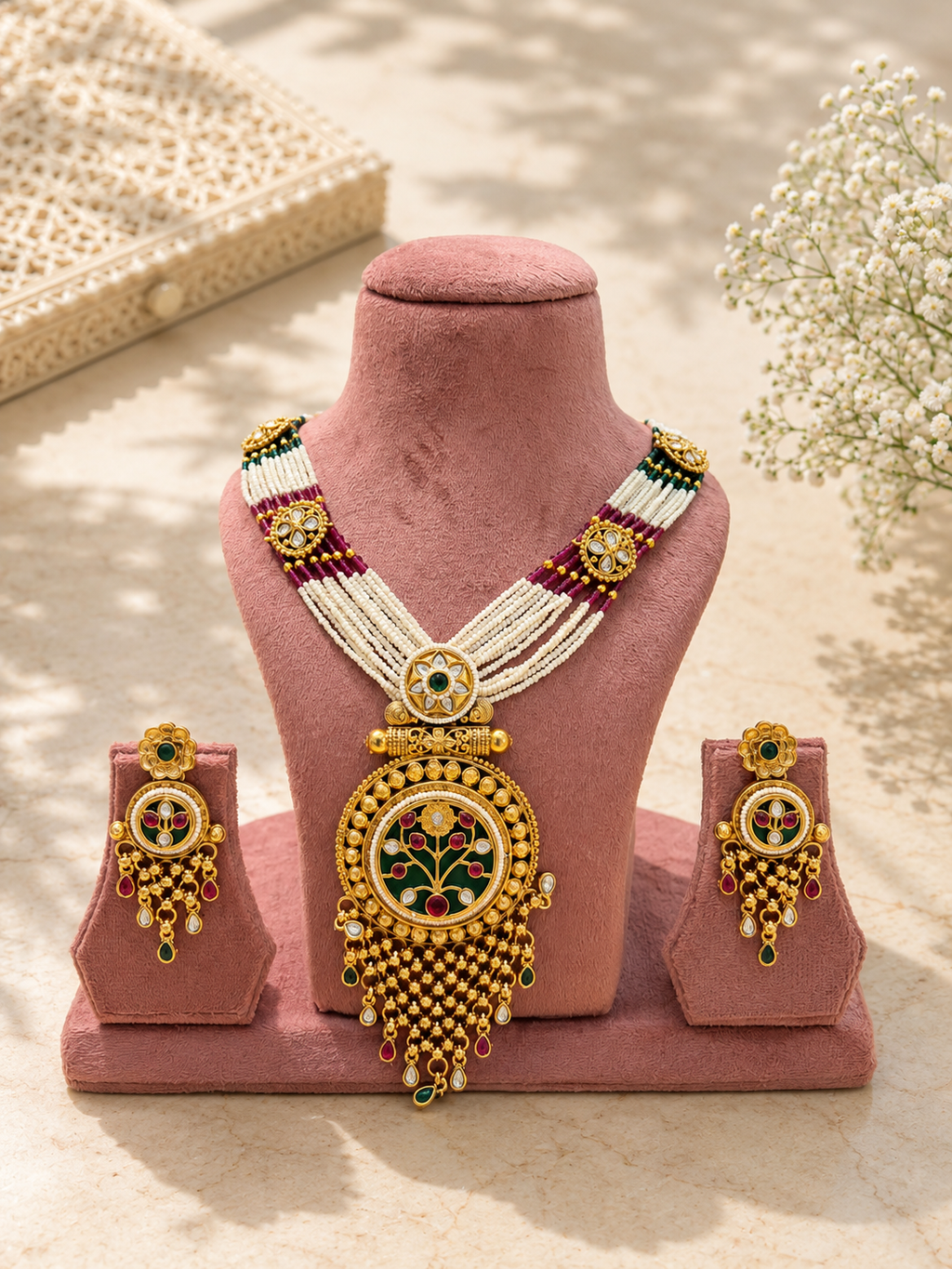 Antique Meenakari Pendant Necklace Set | White Magenta Beaded Heritage Jewellery | Anti Tarnish
