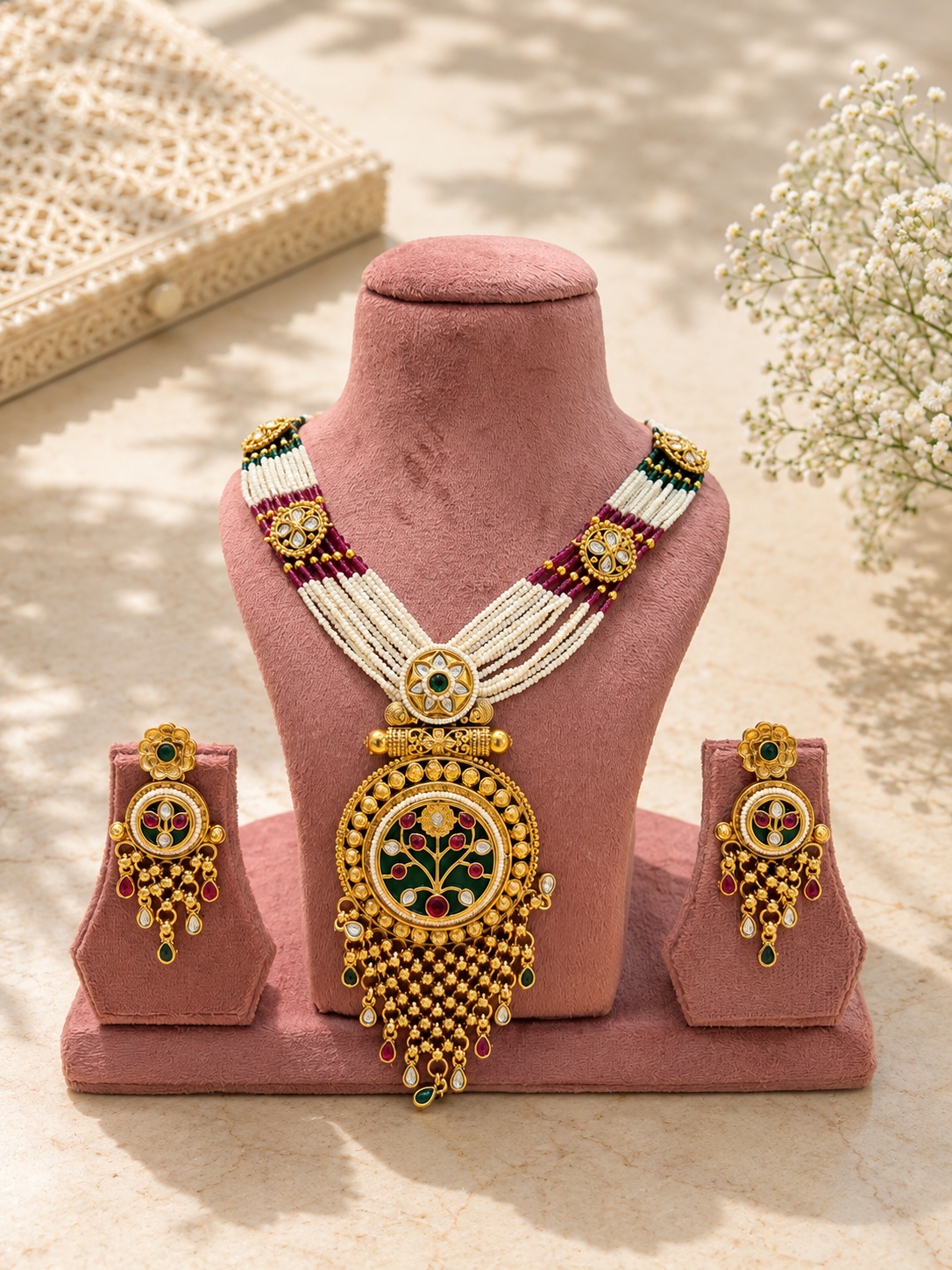 Antique Meenakari Pendant Necklace Set | White Magenta Beaded Heritage Jewellery | Anti Tarnish