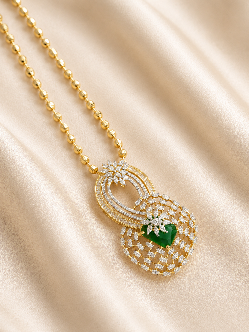 Emerald Green American Diamond Pendant Necklace Set with Earrings | Designer Party Wear Jewellery