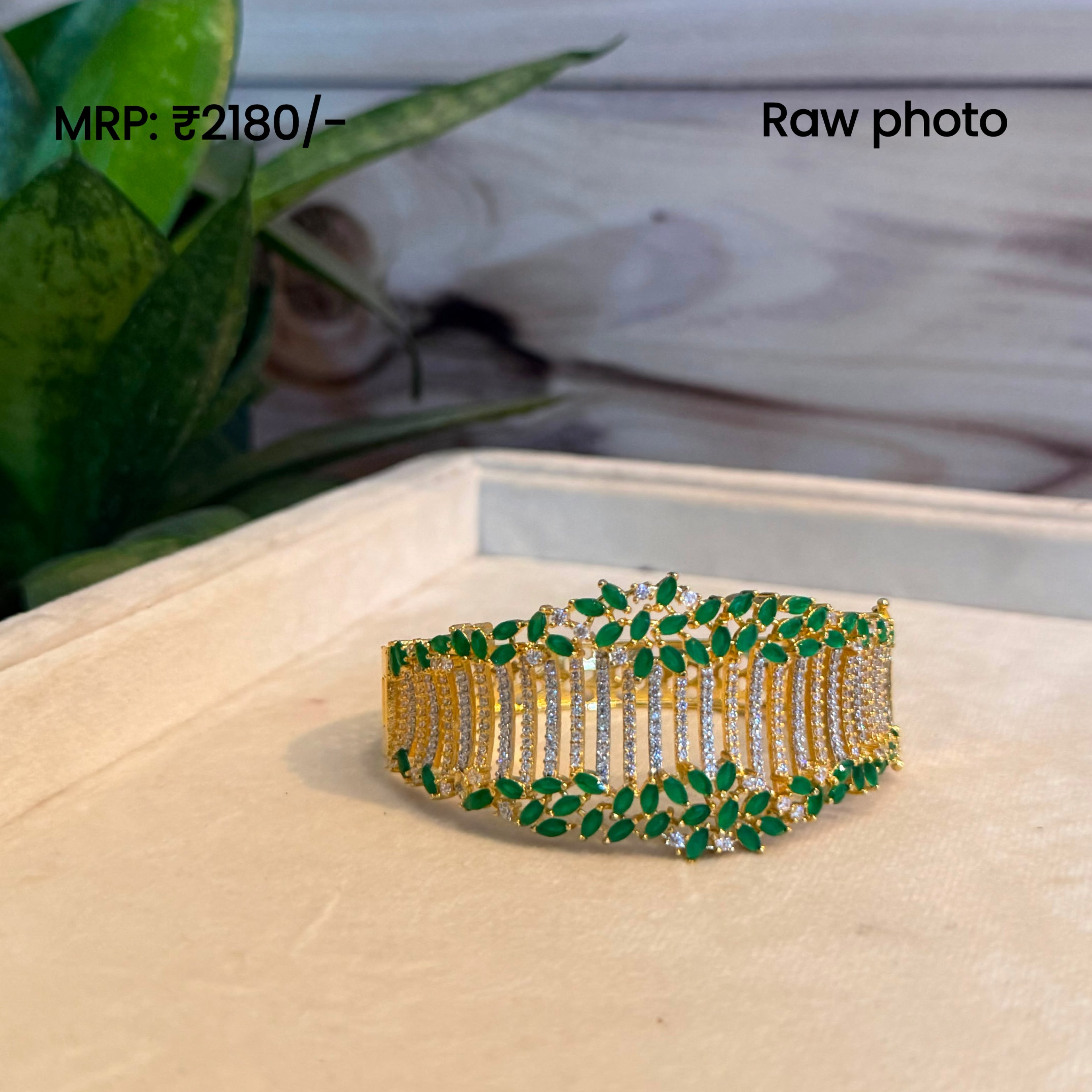 Emerald Luxe Diamond Look Broad Kada Bracelet | Premium Green Stone Statement Cuff