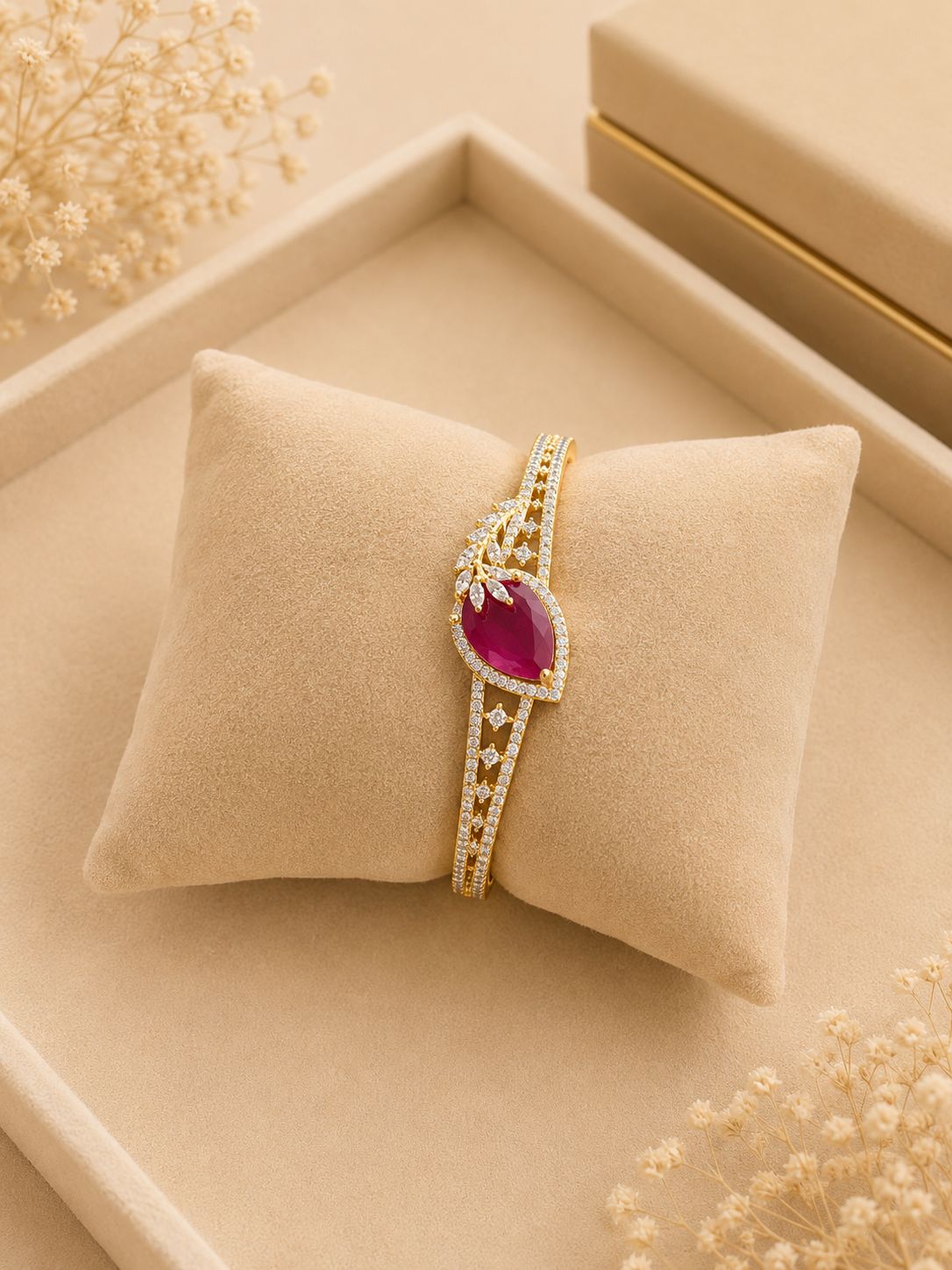 Ruby Stone Diamond Leaf Design Bangle Bracelet