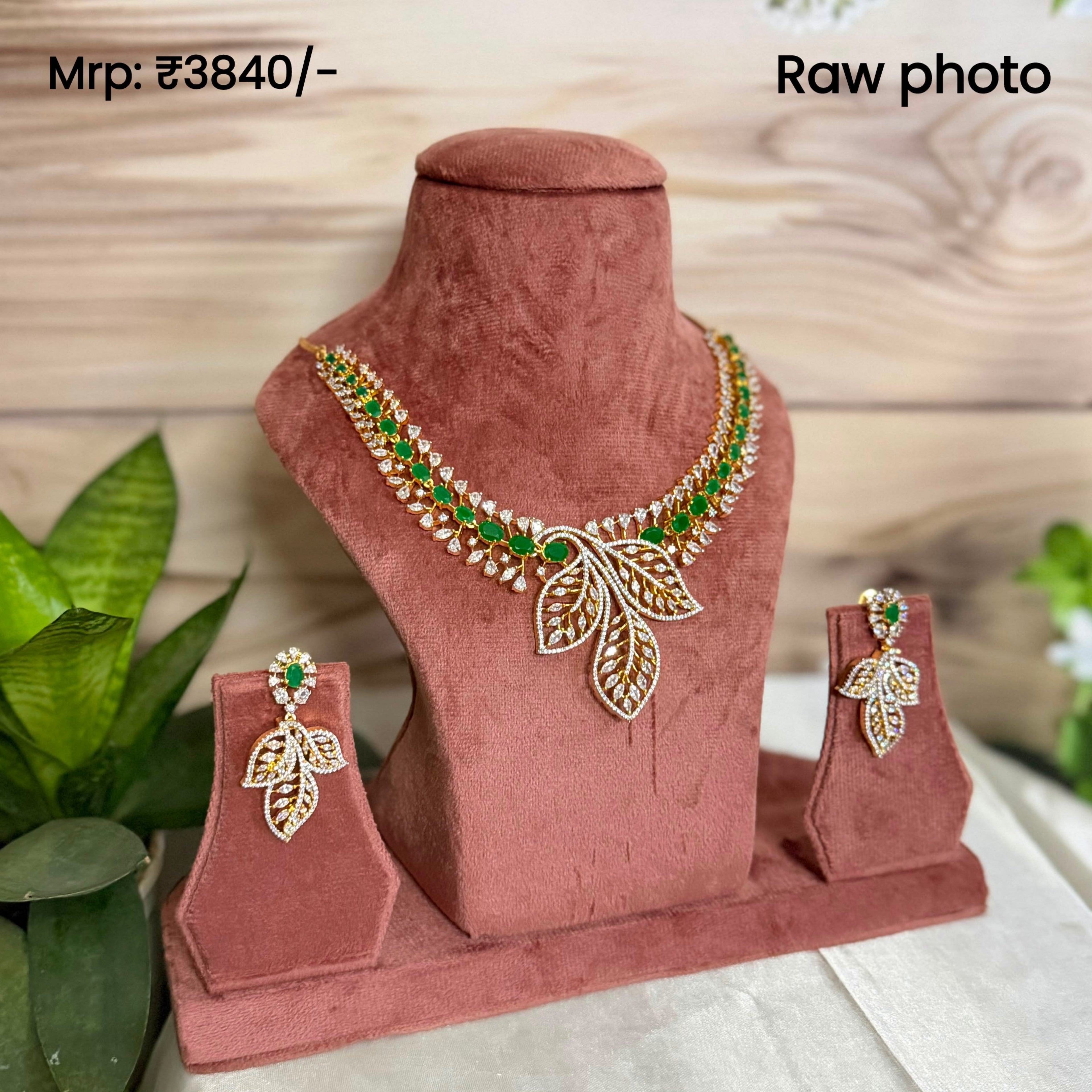 Emerald Leaf Symphony Necklace Set | Diamond Look Green Stone Designer Jewellery Set
