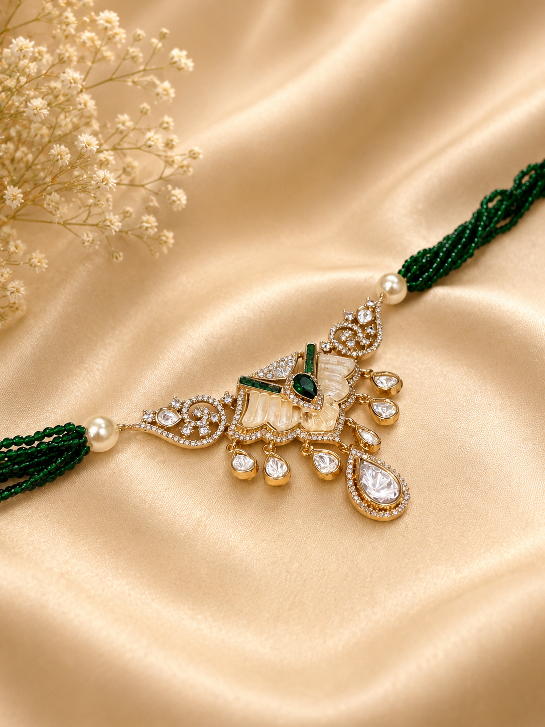 Green Beaded Kundan Choker Necklace Set with Earrings