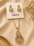 Gold Plated Layered Pendant Necklace Set with Rectangular Motif and Stud Earrings