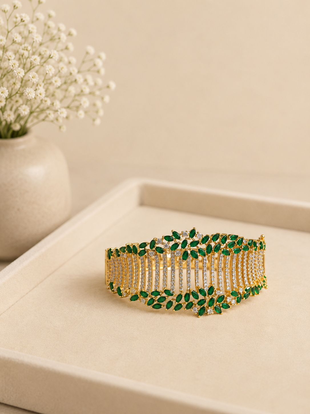 Emerald Luxe Diamond Look Broad Kada Bracelet | Premium Green Stone Statement Cuff