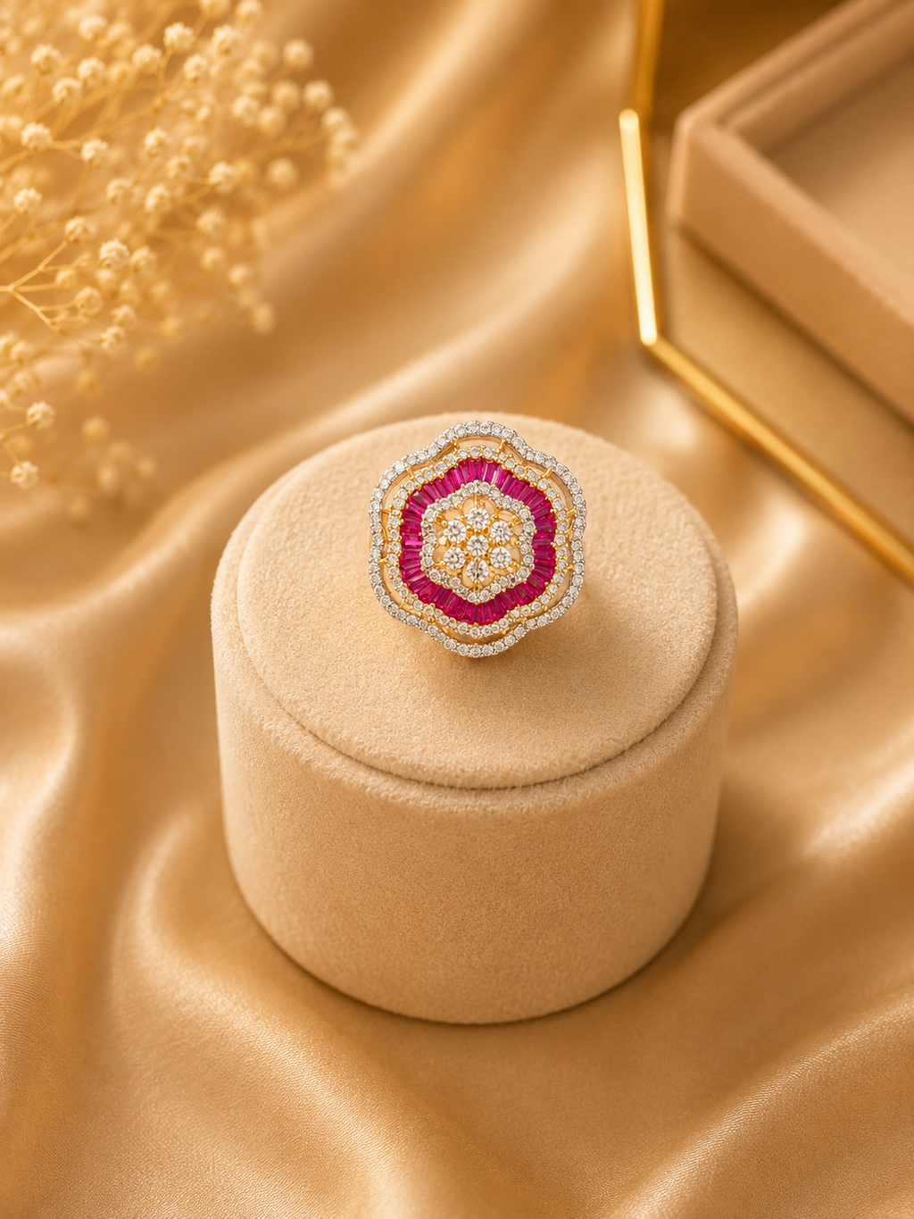 Ruby Pink Floral Statement Ring | American Diamond Designer Cocktail Ring for Women