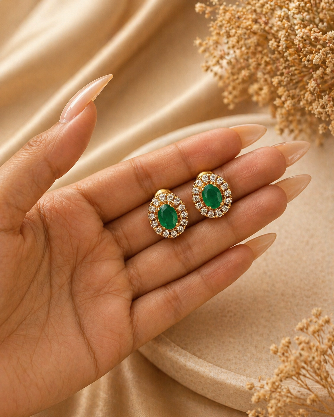 Add timeless elegance to your collection with these Oval Green Stone Stud Earrings, designed with a radiant crystal halo in a gold finish. The rich emerald-toned center stone paired with sparkling crystals creates a refined and luxurious look. Perfect for festive occasions, wedding wear, and elegant everyday styling, these studs offer a graceful blend of tradition and modern charm.