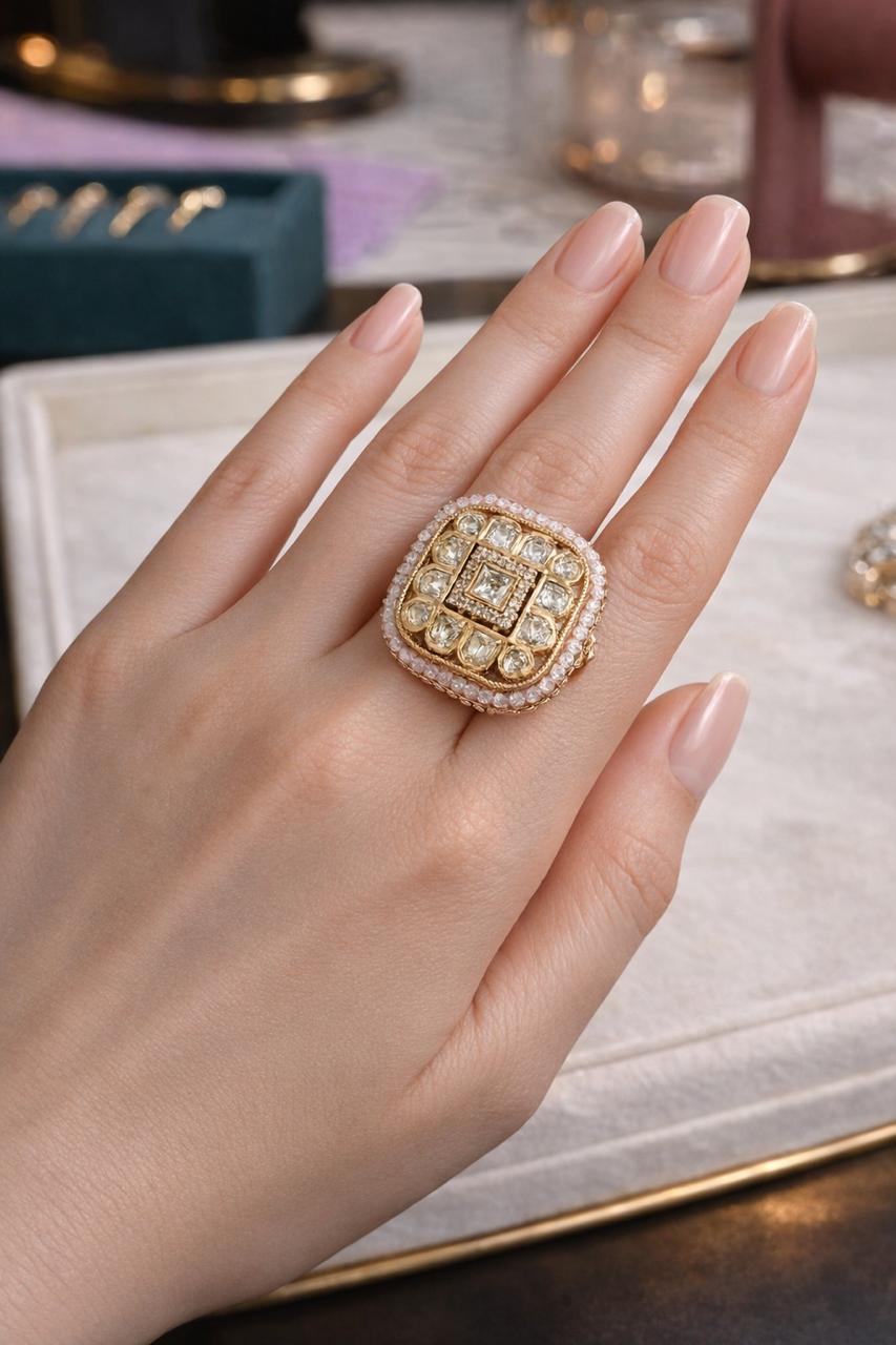 Noor Chowk Statement Ring with Geometric Grid Design
