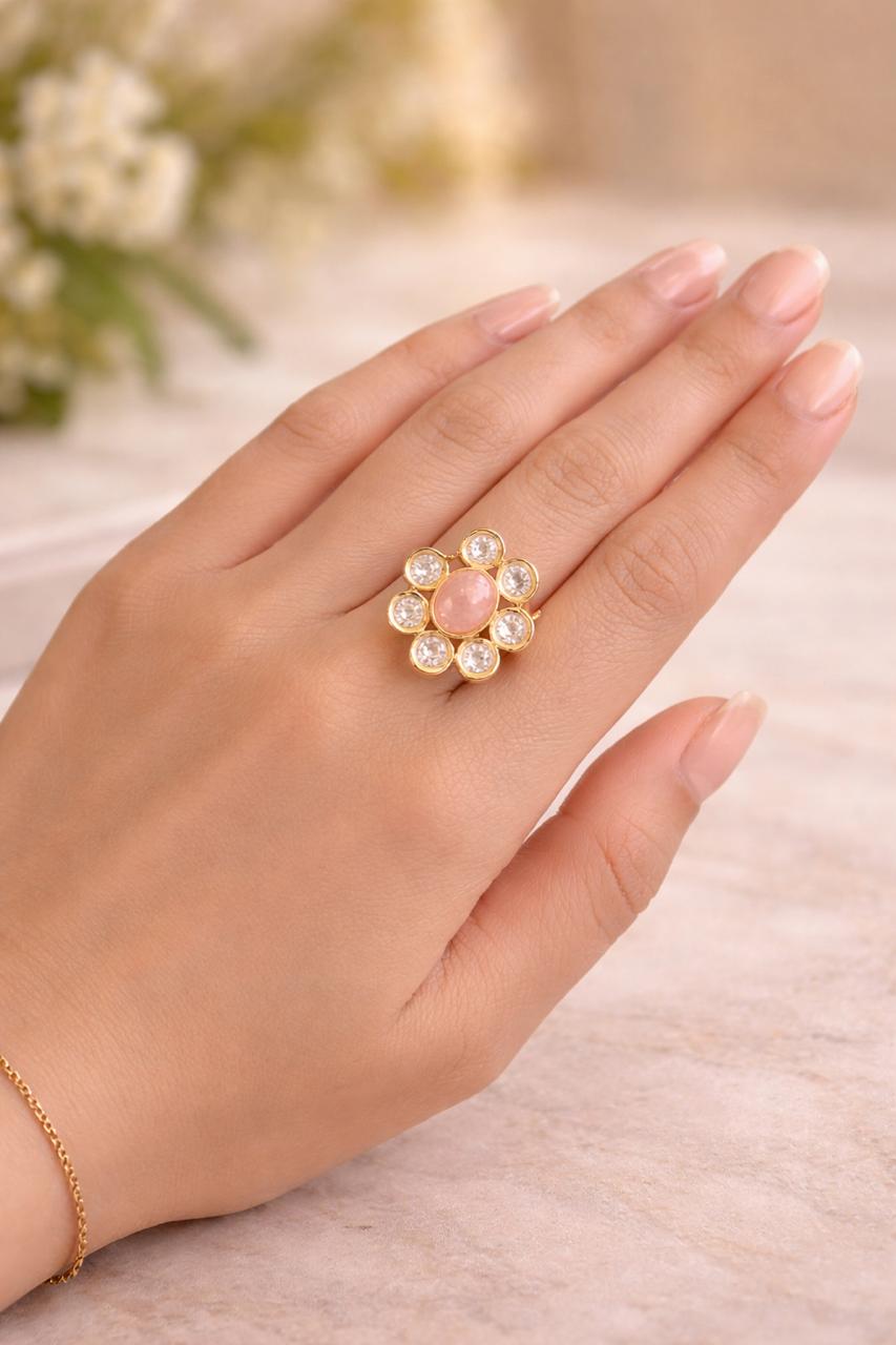 Gul Noor Floral Statement Ring with Pink Stone