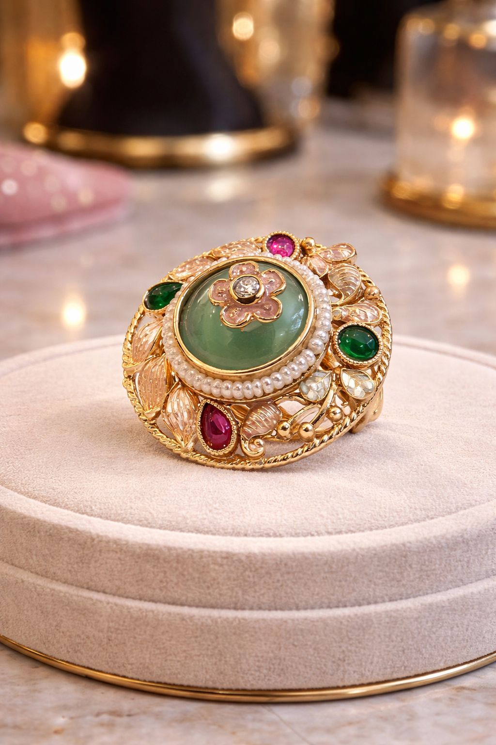 Rangrez Antique Gold Finish Statement Ring with Multicolor Stones