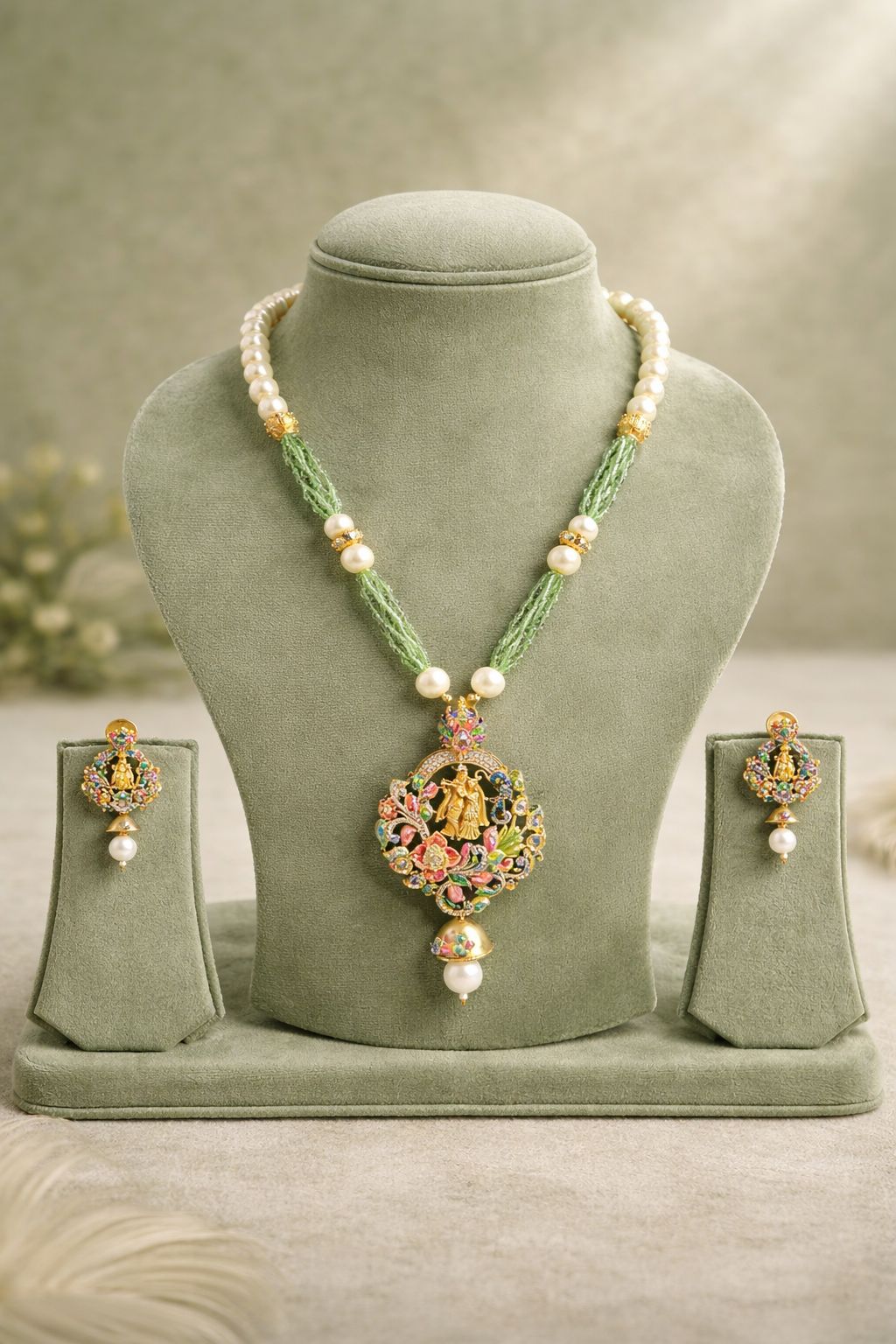 Vrindavan Leela Gold Finish Temple Pendant Set with Multicolor Detailing
