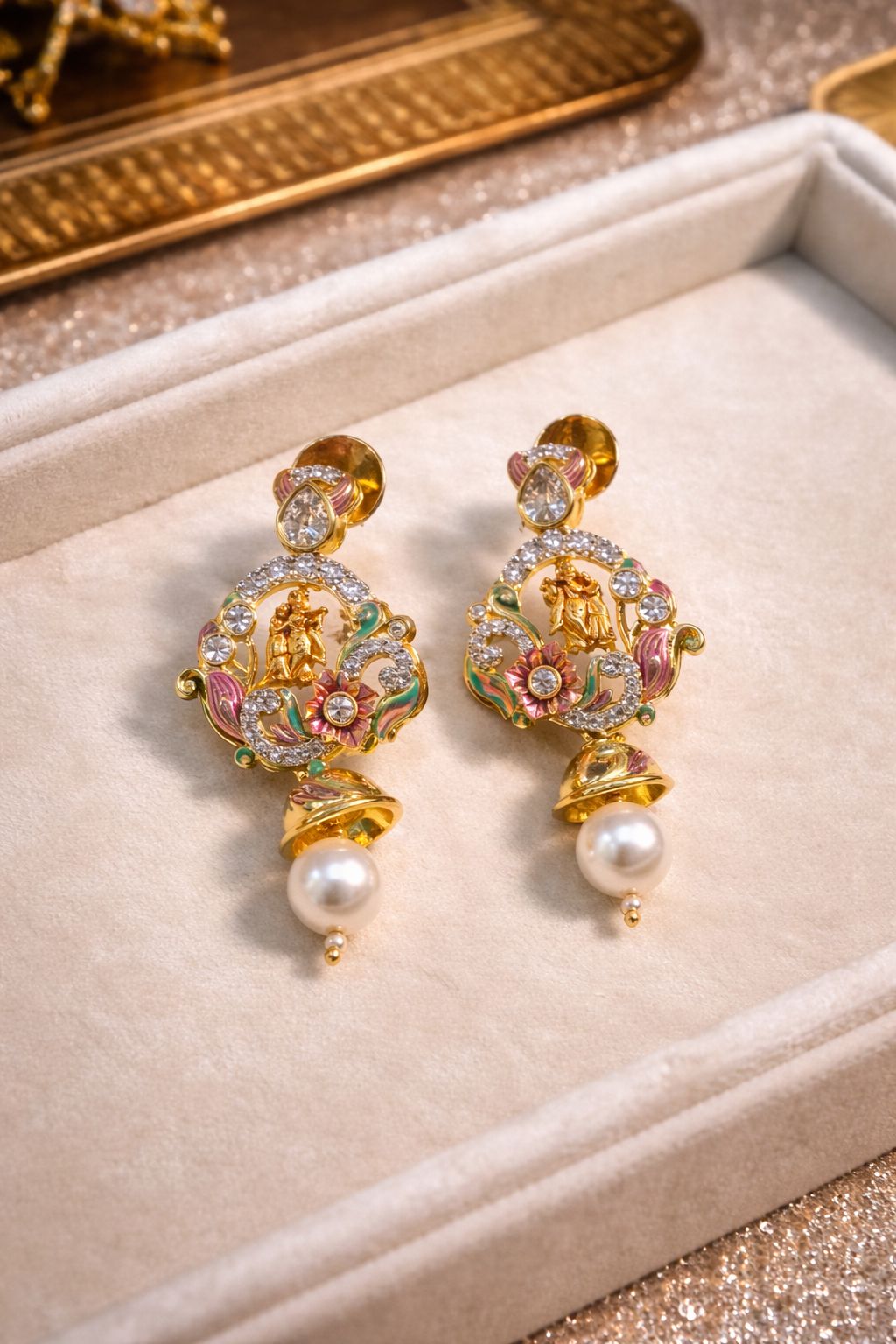 Vrindavan Leela Gold Finish Temple Pendant Set with Multicolor Detailing