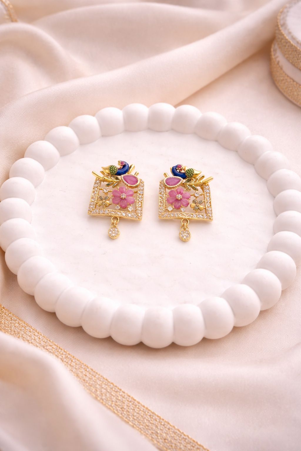 Pushp Mayur Meena Finish Peacock Pendant Set with Floral Detailing