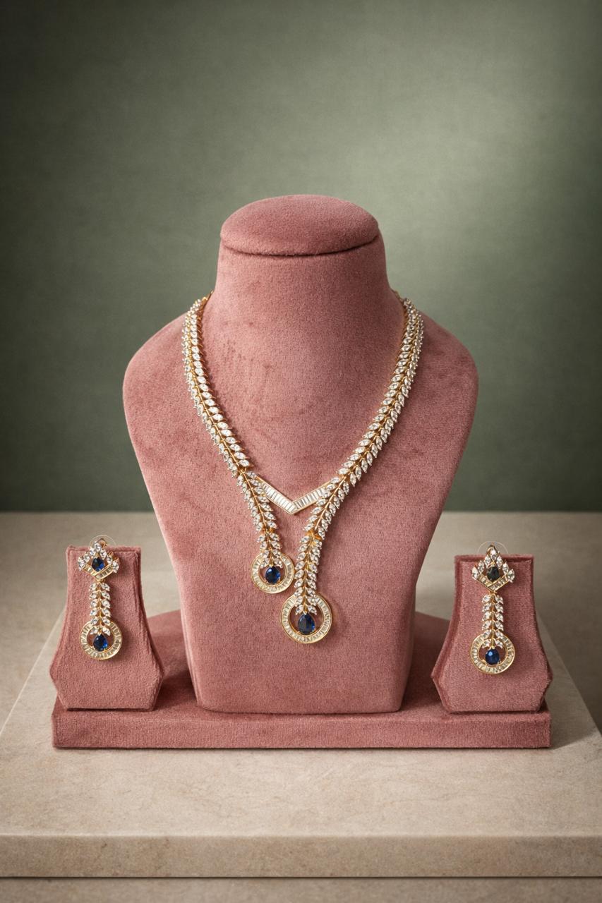 Neel Tara Real Diamond Look Necklace Set with Blue Stones