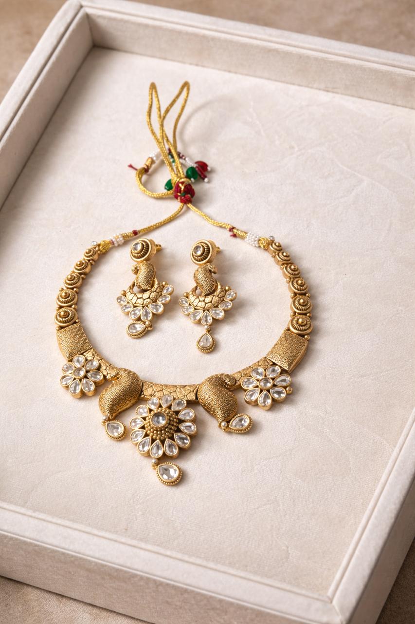 Morini Gold Finish Polki Necklace Set with Pearl Drops