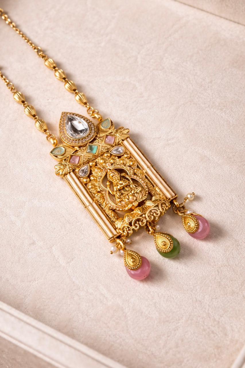 Shree Vaibhav Gold Finish Temple Pendant Necklace Set with Multicolor Drops