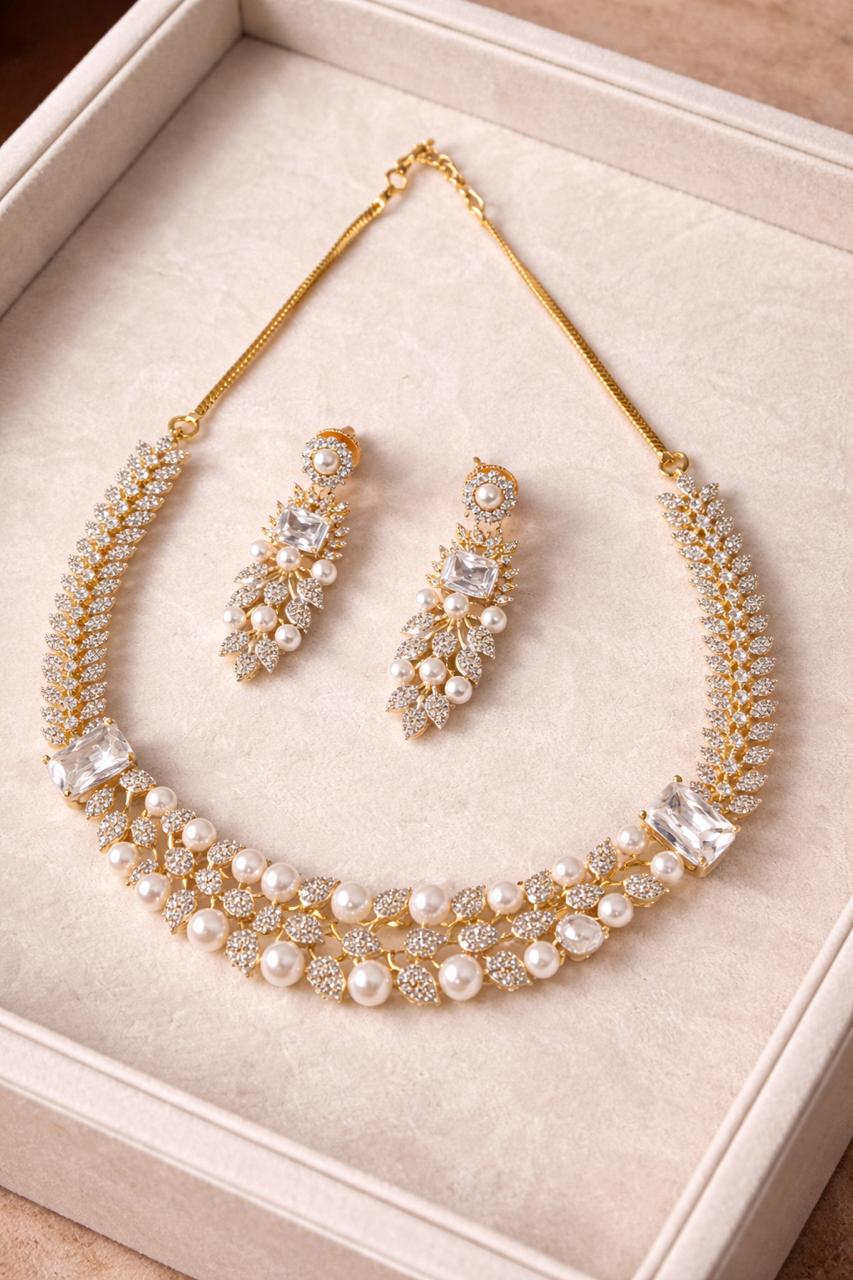 Elara Pearl Statement Real Diamond Look Necklace Set with Layered Pearls