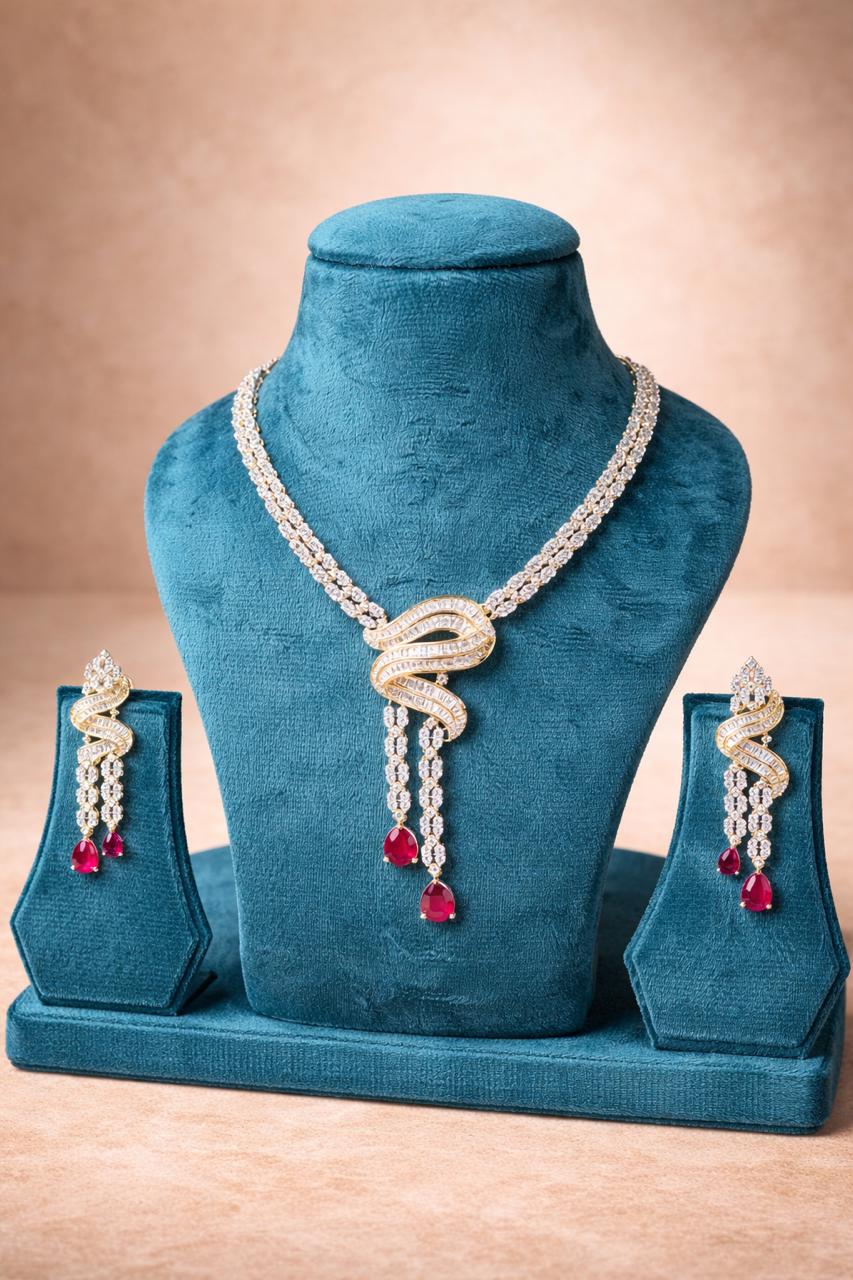Seraphina Ruby Drop Real Diamond Look Necklace Set with Red Drops