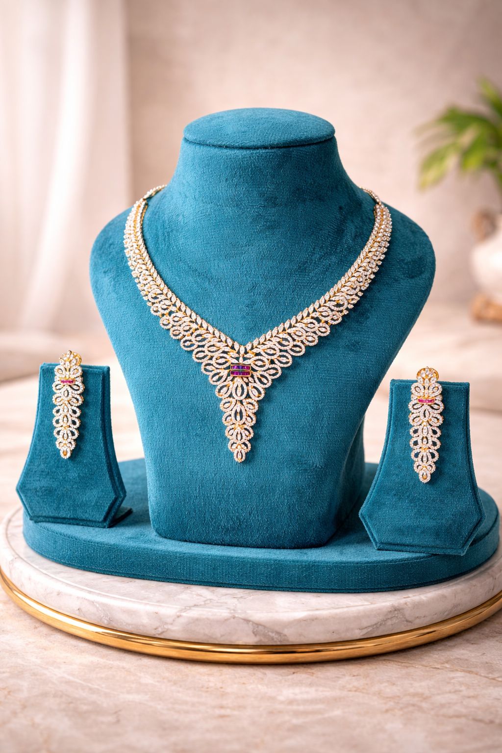 Regal Cascade Real Diamond Look Bridal Necklace Set with Red Stones
