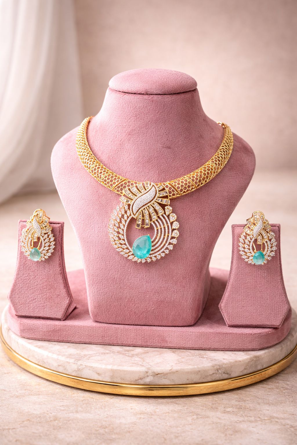 Aqua Royale Statement Real Diamond Look Necklace Set with Blue StoneAqua Royale Statement Real Diamond Look Necklace Set with Blue Stone