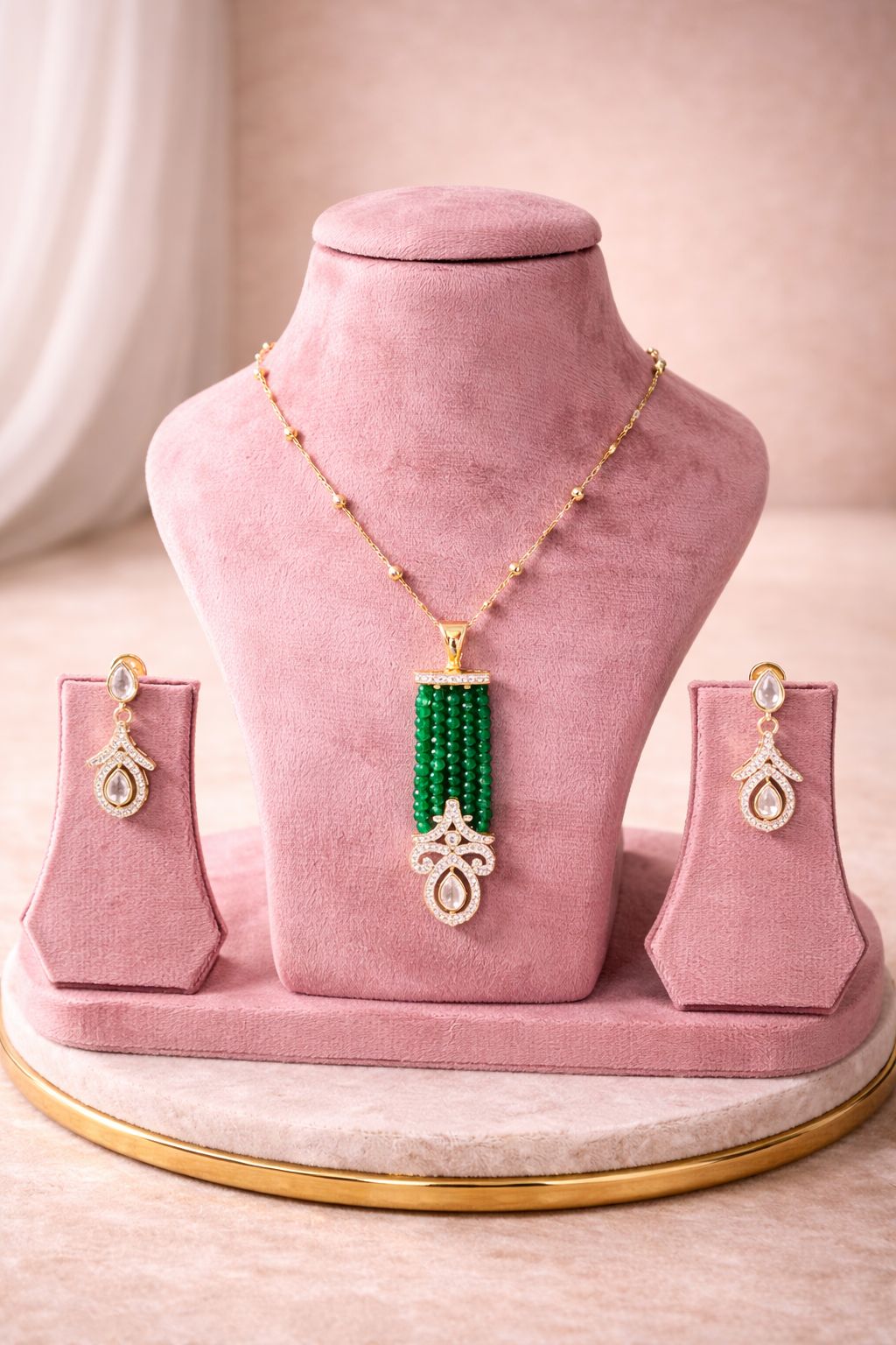 Emerald Tassel Elegance Real Diamond Look Pendant Set with Green Beads