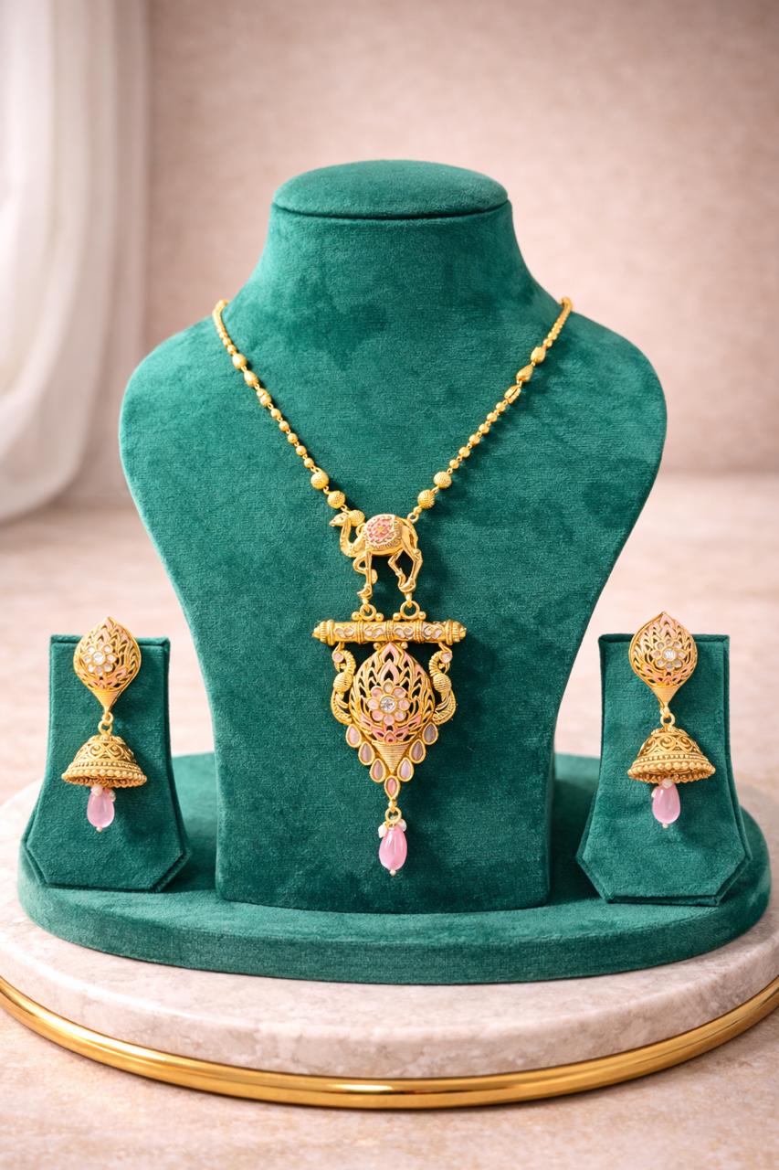 Royal Caravan Heirloom Gold Finish Pendant Set with Pink Stone Drop