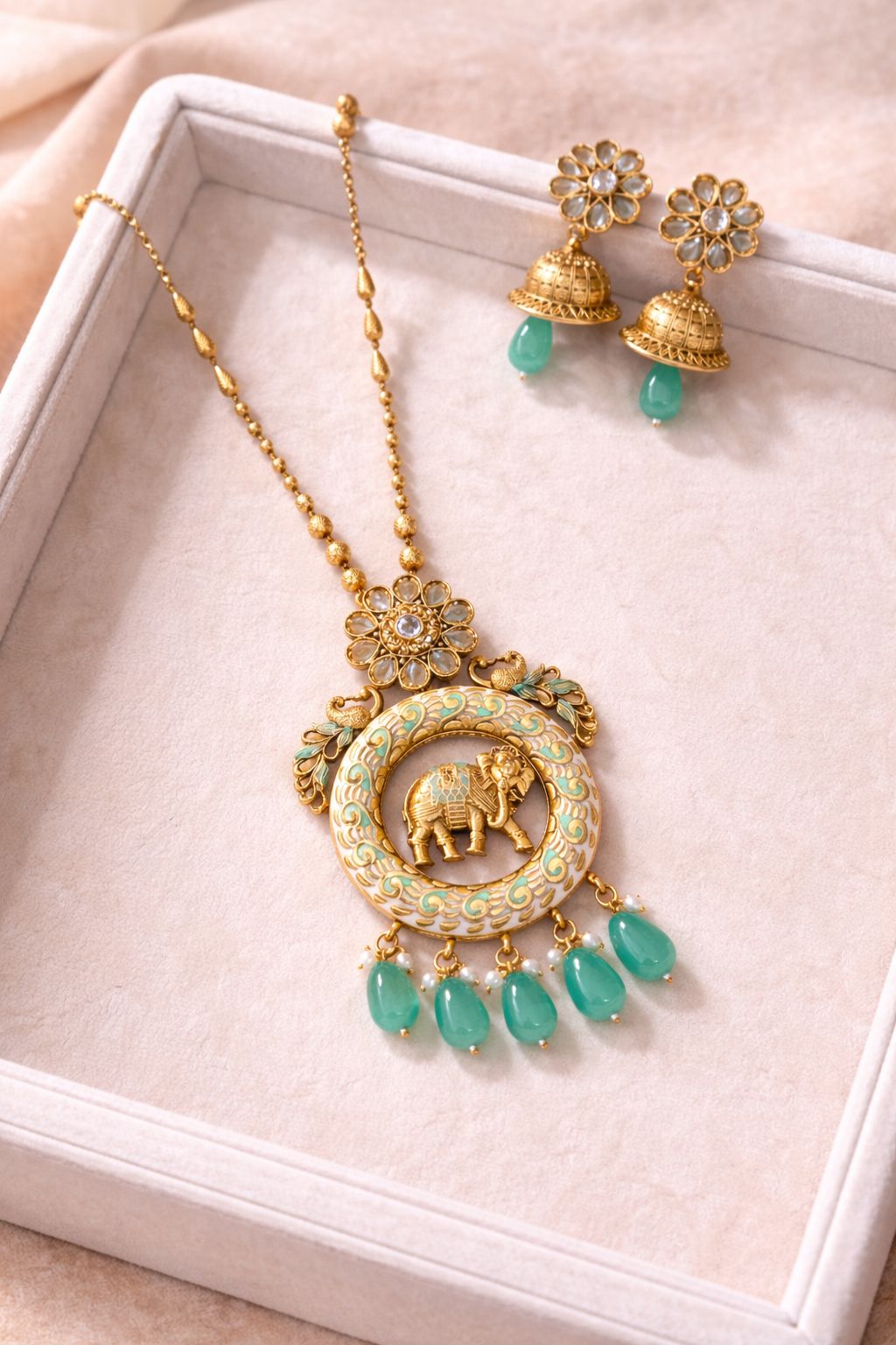 Royal Elephant Empress Gold Finish Temple Necklace Set with Green Drops